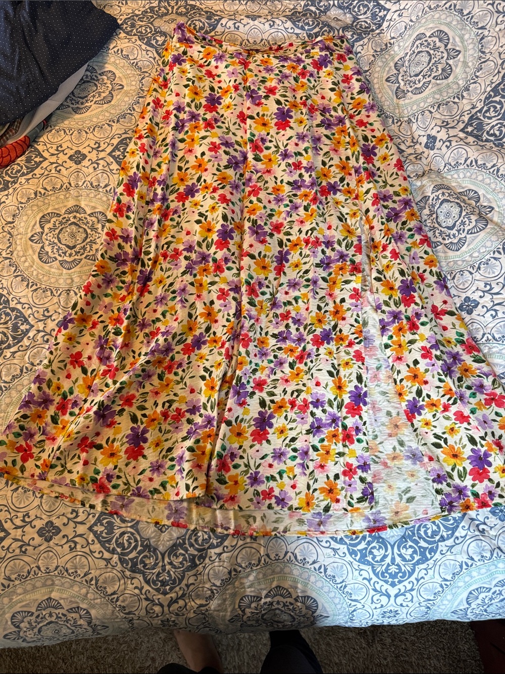 Gilli Cream Floral A-Line Maxi Skirt with Purple, Orange, Pink & Yellow Blossoms